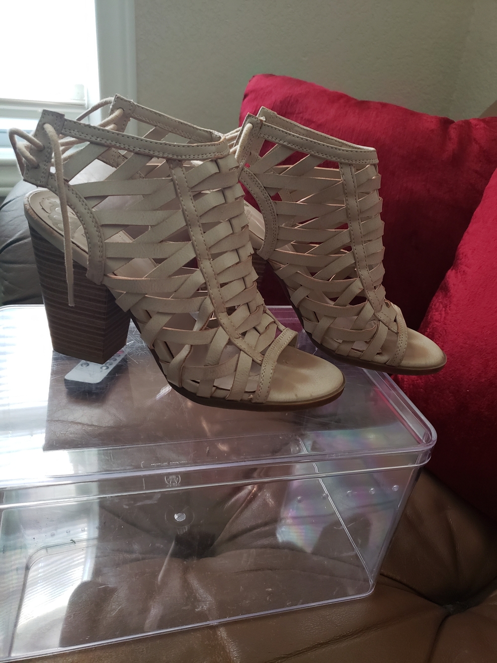 Beige Lace-Up Woven Gladiator Heels - Women's Sandals - Picture 5 of 9